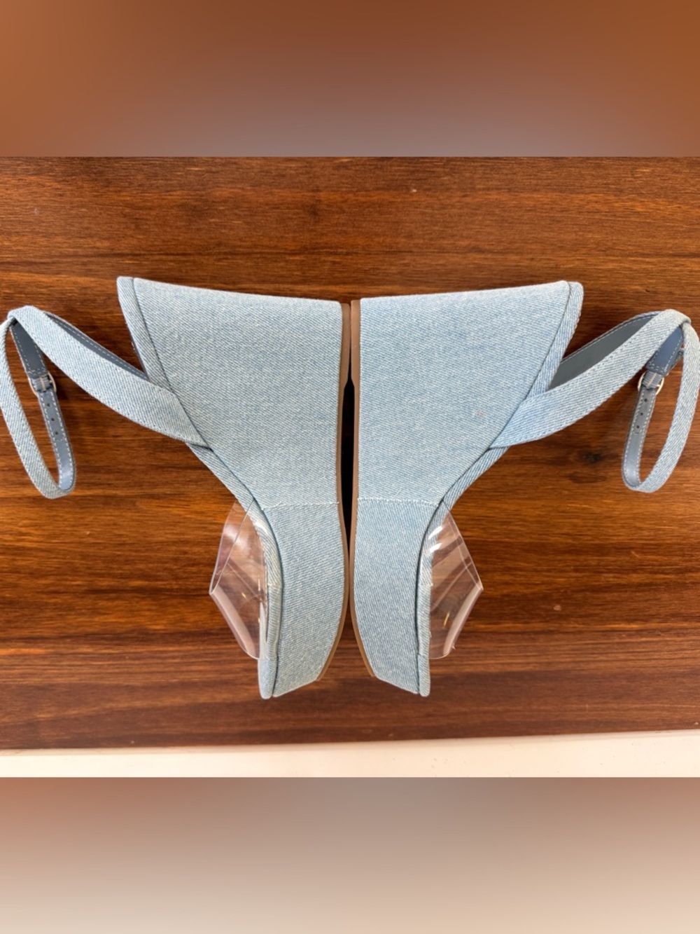 Nine West Denim Wedge Sandals Clear Strap Chic Summer Women’s Size 7 - Picture 3 of 7